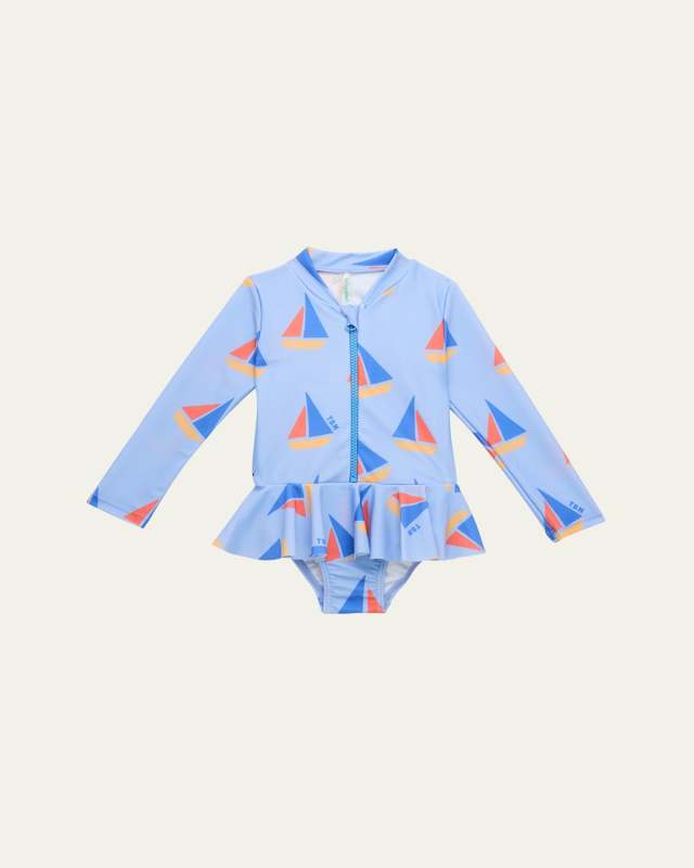 Girl's Sailboat-Print Peplum Rashguard, Size Newbor